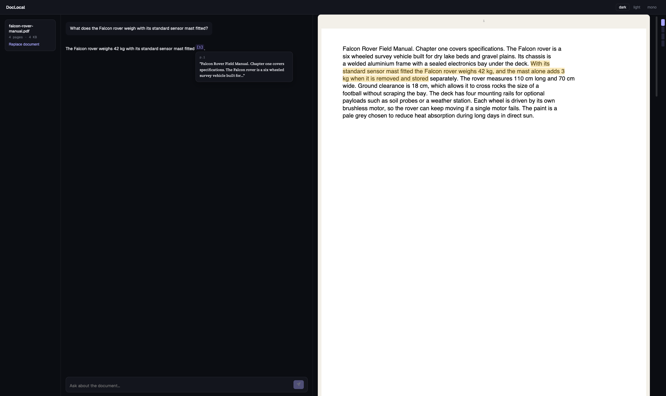 DocLocal interface: a question about a synthetic Falcon rover manual answered with a numbered citation, and the cited passage highlighted in the PDF viewer alongside
